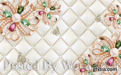 3D psd models four color gemstone golden flowers background wall