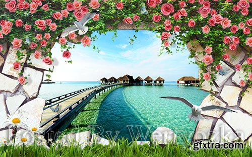 3D psd models beach scenery landscape wall outside the wall