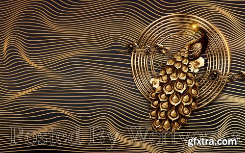 3D psd models modern black gold peacock gorgeous tv background wall