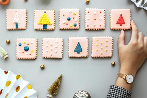 Pastel pink Christmas cookies aerial view - 1231881