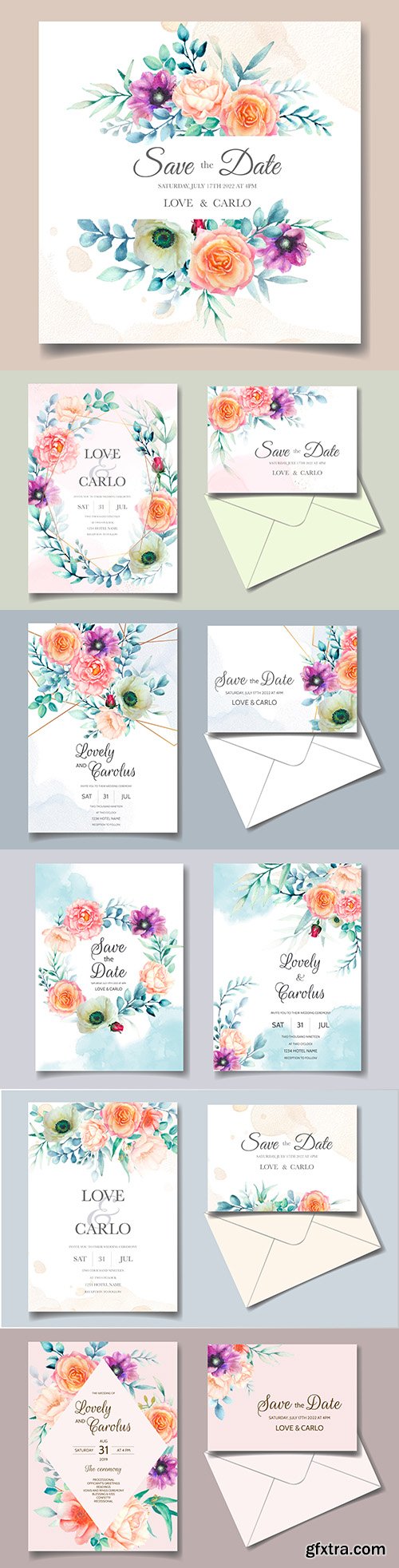 Wedding invitation template watercolor flower and green leaves 5
