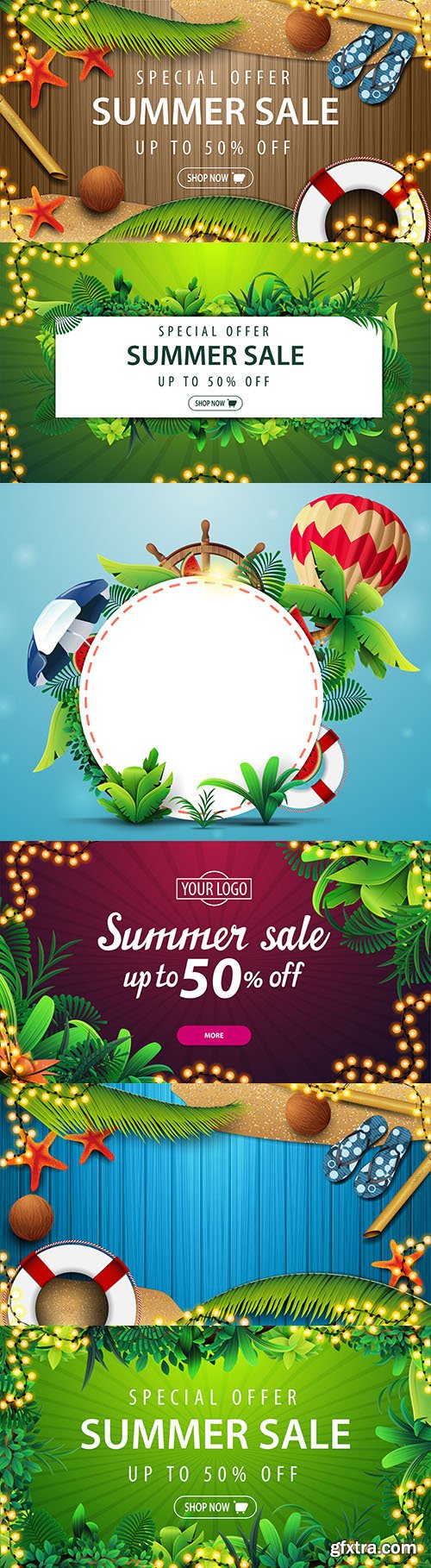 Special offer summer sale discount banner from tropical leaves
