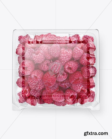 Clear Transparent Plastic Container with raspberries mockup top view 62936