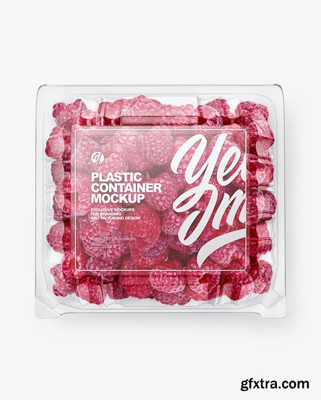 Clear Transparent Plastic Container with raspberries mockup top view 62936