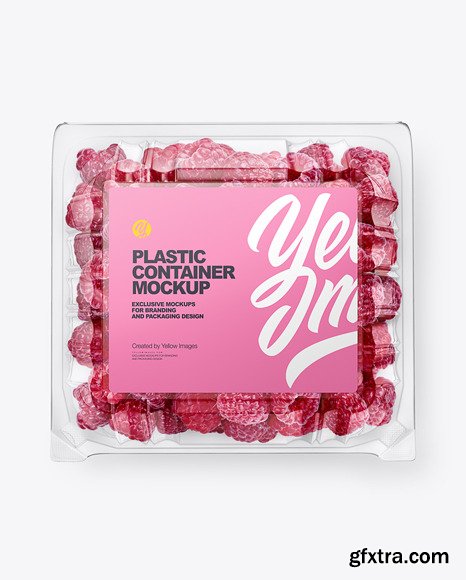 Clear Transparent Plastic Container with raspberries mockup top view 62936