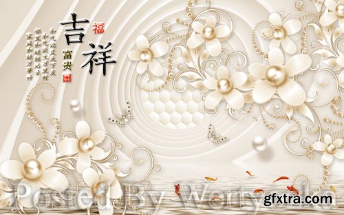 3D psd models auspicious rich diamond flower three dimensional fish luxury jewellery wall