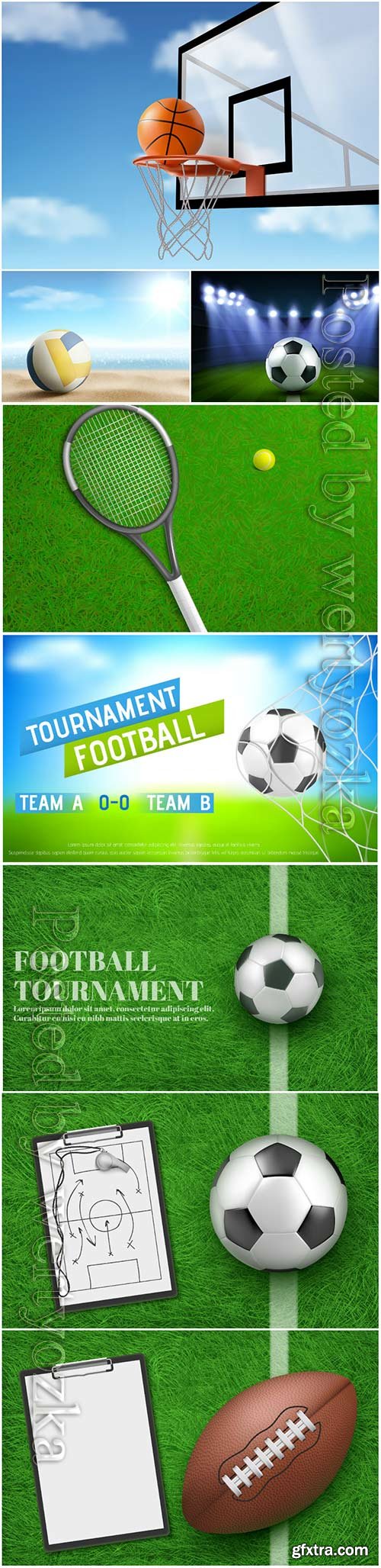 Sports balls in vector, soccer, volleyball, golf, basketball, rugby, tennis