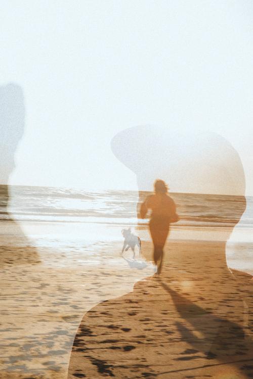 Woman and her dog playing at the beach - 1215579