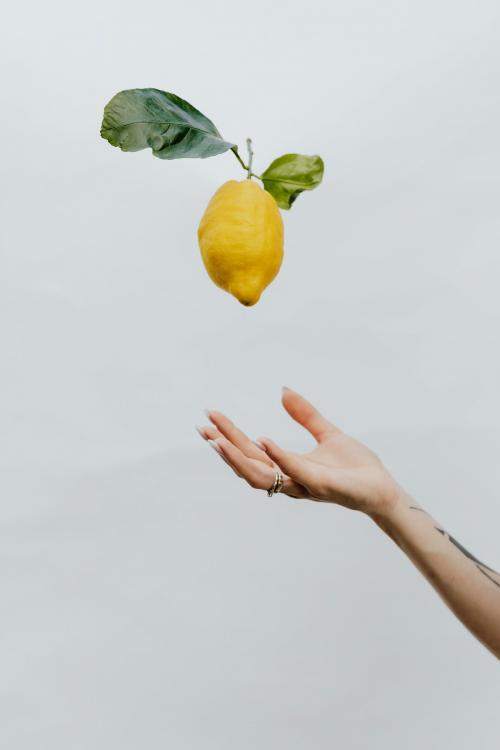 Tattooed hand throwing a lemon up in a gray sky - 1207905