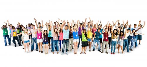 Group of diverse people with arms raised isolated on white - 87202