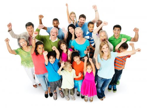 Group of diverse people with arms raised isolated on white - 97698