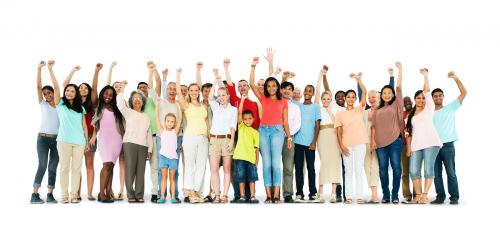 Group of diverse people with arms raised isolated on white - 97706