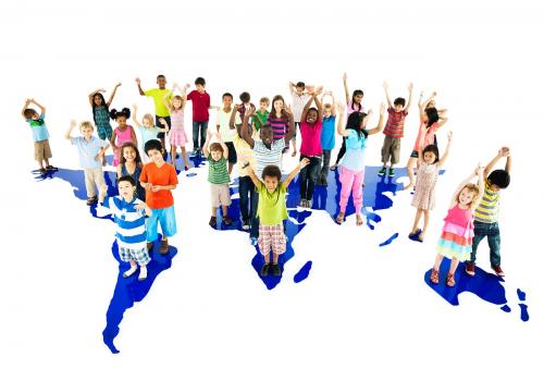 Group of diverse kids standing together with arms raised - 41775