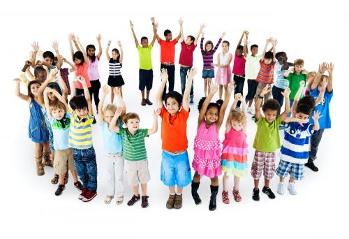 Group of diverse kids standing in circle with arms raised isolated on white - 41786