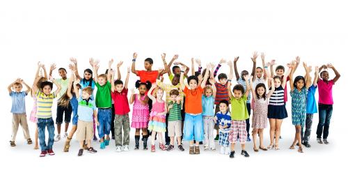 Group of diverse kids with arms raised isolated on white - 41830