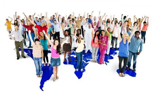 Group of diverse people standing together with arms raised - 46720