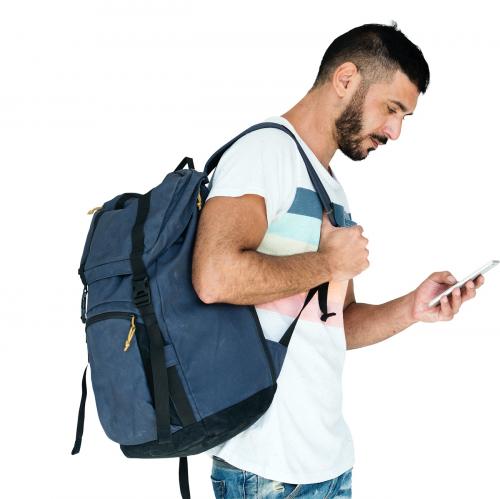 Middle Eastern Man Carrying Backpack Mobile Phone Studio Portrait - 7460