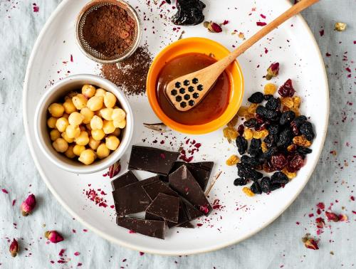 Ingredients for a chickpea truffle with dried fruit - 1204829