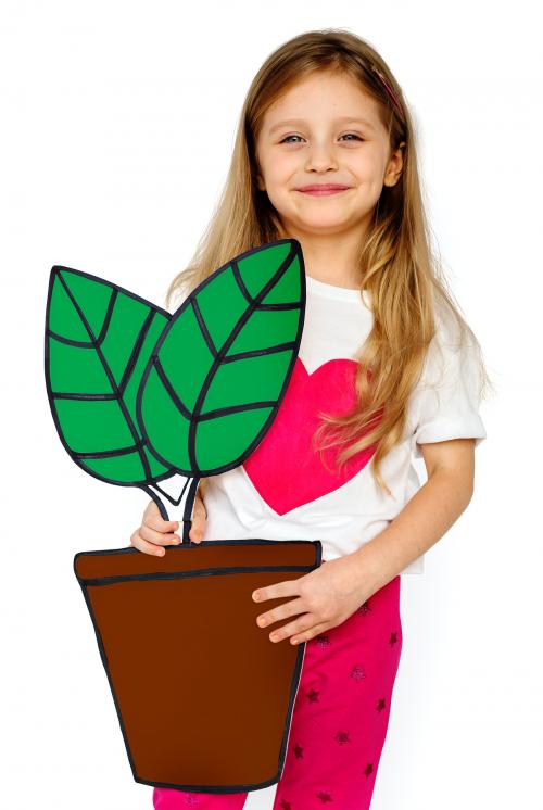 Little Girl Holding Papercraft Plant Smiling - 7198