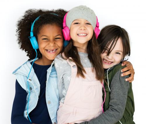 Group of Little Girls Studio Smiling Wearing Headphones and Winter Clothes - 7229