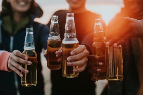 Happy friends toasting at the beach - 1079742