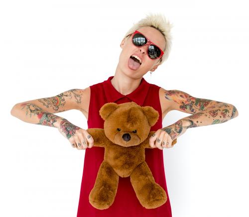 Caucasian Blonde Woman Tattoo Teddy Bear - 7308