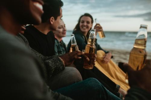 Cheerful friends drinking by the seaside - 1080046