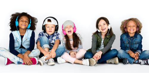 Group of Children Studio Smiling Wearing Headphones and Winter Clothes - 7329