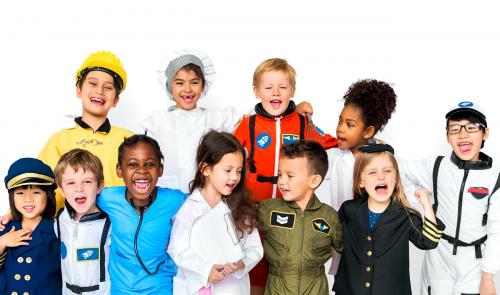 Group of diverse cheerful kids in dream job uniform costumes - 7337