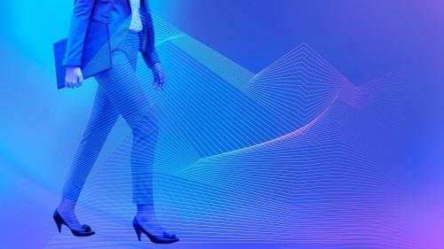 Businesswoman walking on a blue background - 1199044