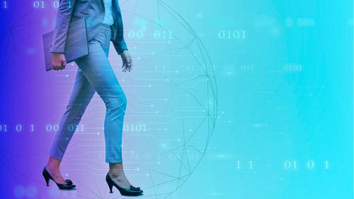 Businesswoman walking on a digital background - 1199054