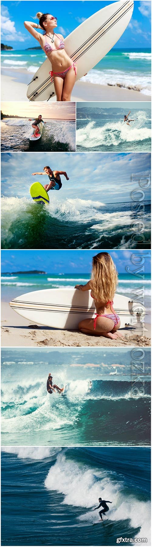 Men and girls are surfing  stock photo