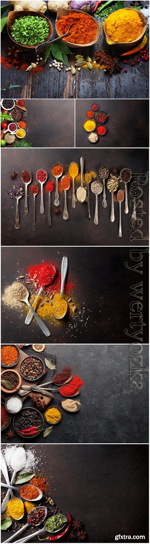 Spices on stone table stock photo