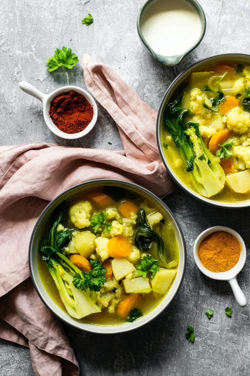 Pak choi in coconut milk soup food photography in aerial view - 1204832