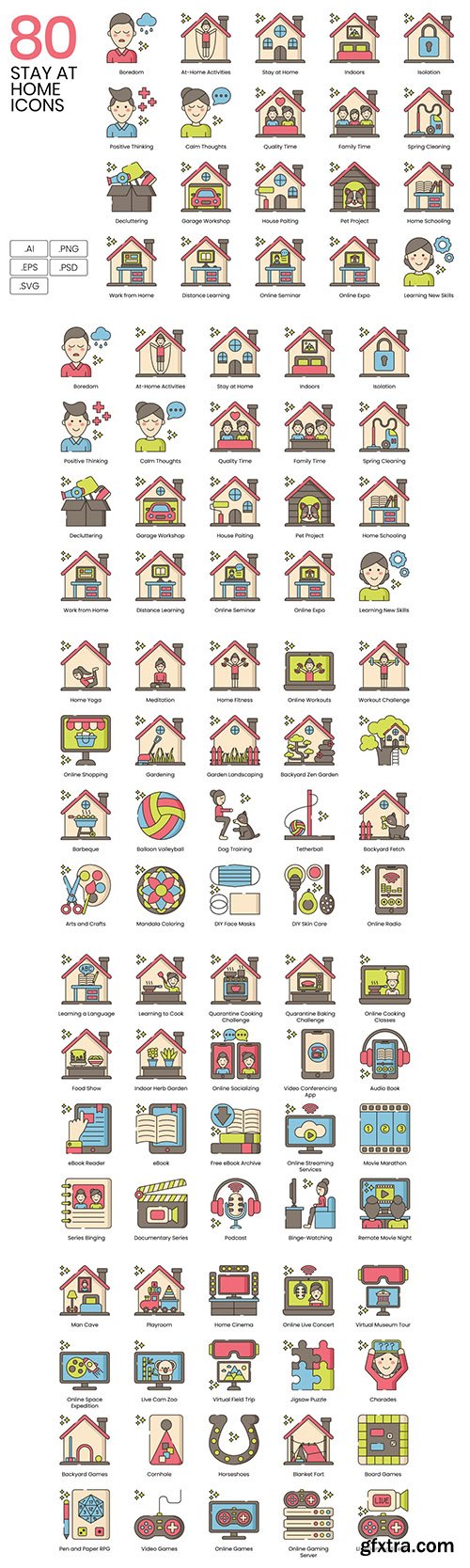 80 Stay at Home Line Icons