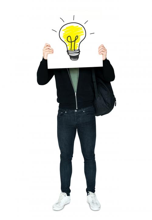 Man holding banner with light bulb symbol cover his face - 6328