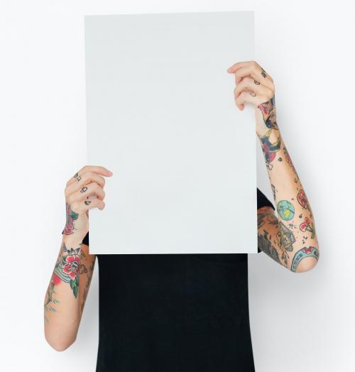 Tattooed woman showing blank mockup poster - 6397
