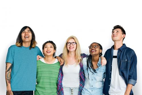 Group of diverse friends looking upwards - 6590