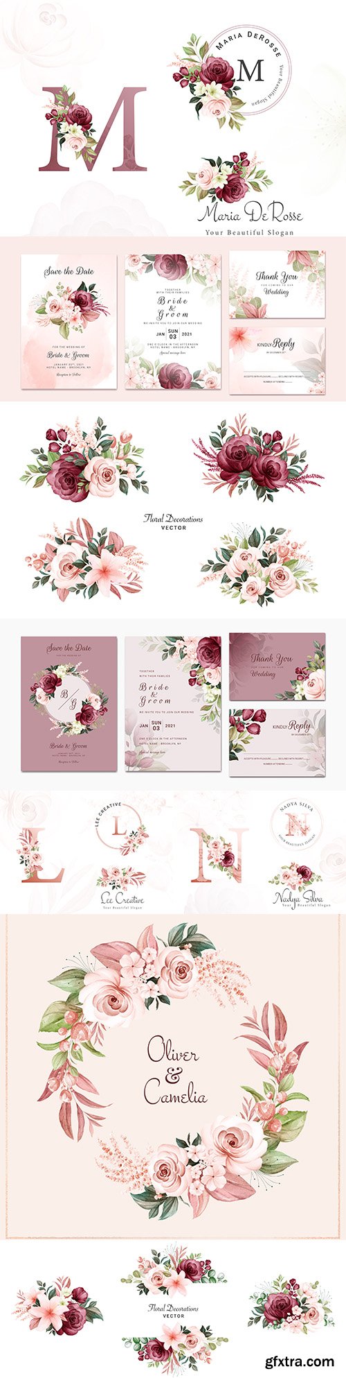 Wedding invitation template watercolor flower and green leaves 7
