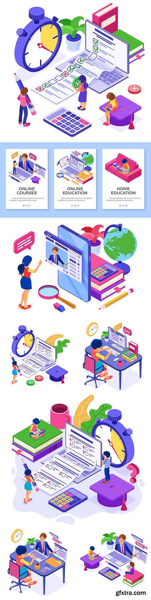 Online distance learning from home isometric illustrations
