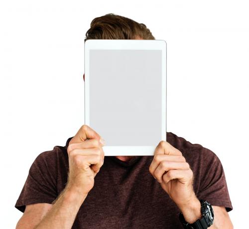 Man Digital Tablet Face Covered Copy Space Technology Concept - 5926