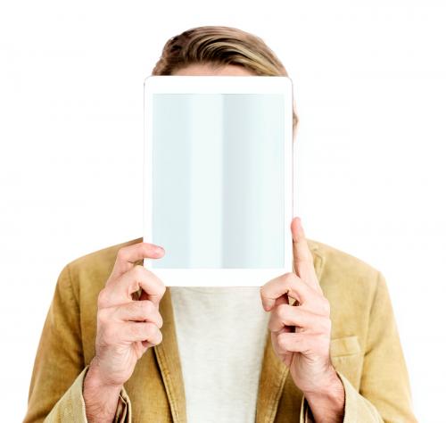 Man Digital Tablet Face Covered Copy Space Technology Concept - 5965