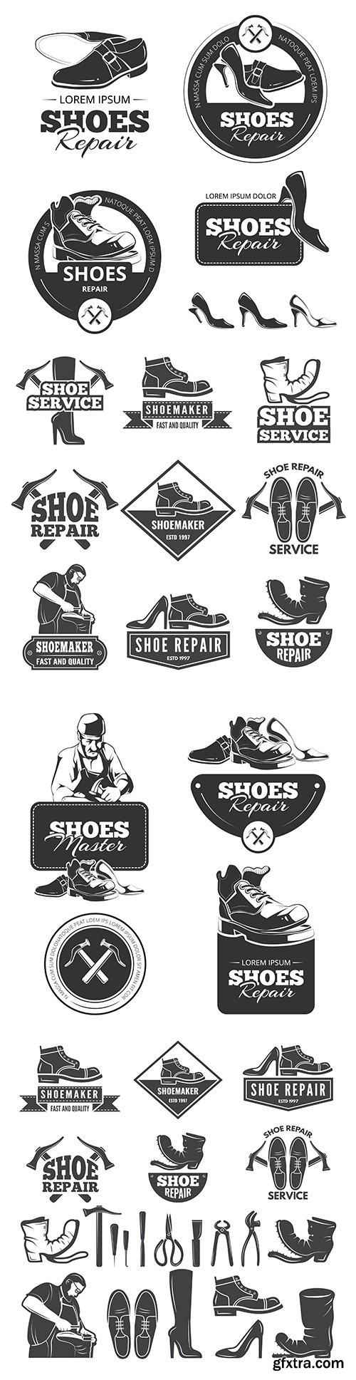 Shoe repair old monochrome labels and logos
