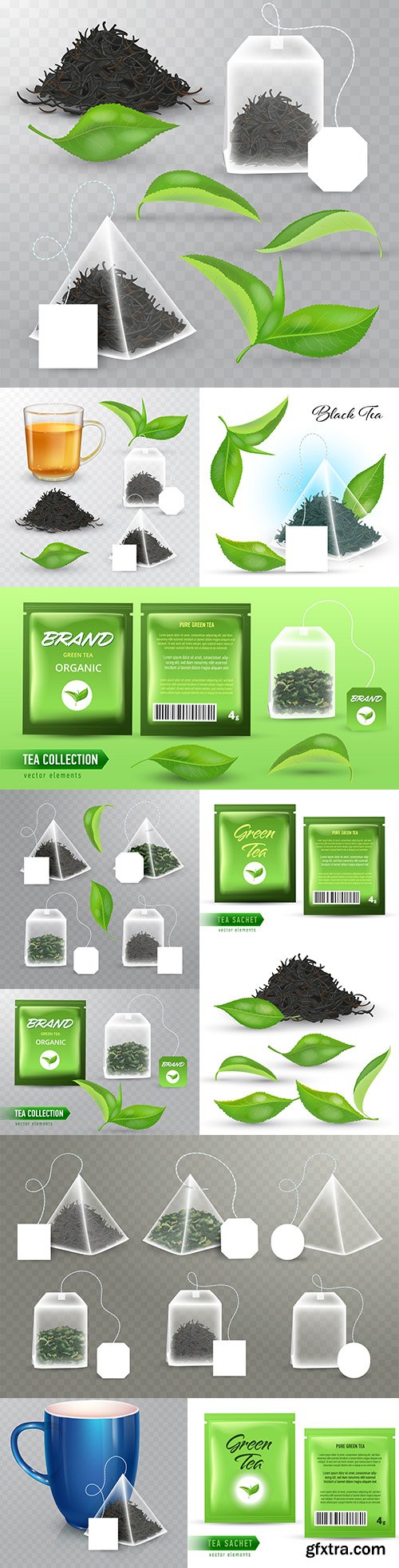 Green and black tea pyramidal bag and realistic leaves
