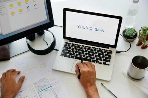 Man Working Planning Documents Diagram Using Computer White Table - 6203