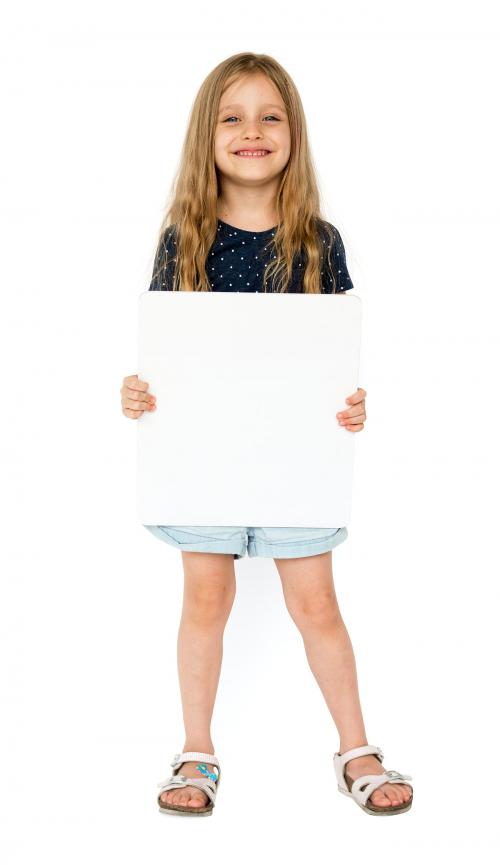 Little girl smiling and holding blank placard - 6253