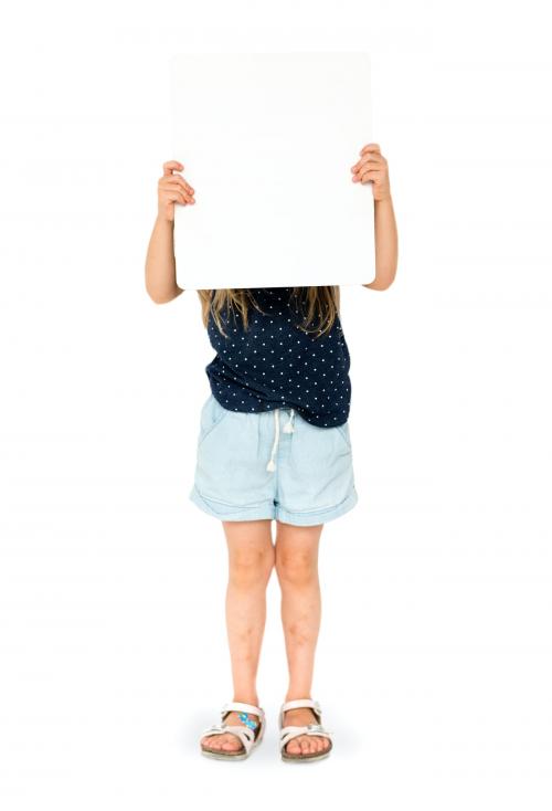 Little girl holding blank placard covering her face - 6320