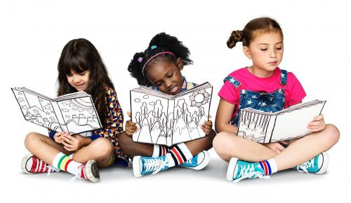 Children Girlfriends Reading Book Education Togetherness Studio Portrait - 4970