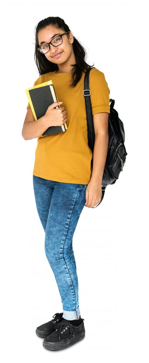 Indian girl student smiling and holding textbook - 4977