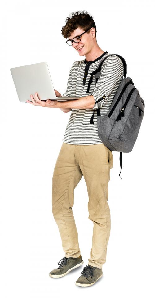 Young man standing using laptop connection - 5007